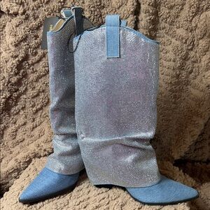 Forever 21 Women’s Blue and Silver Heeled Cowboy Boots
